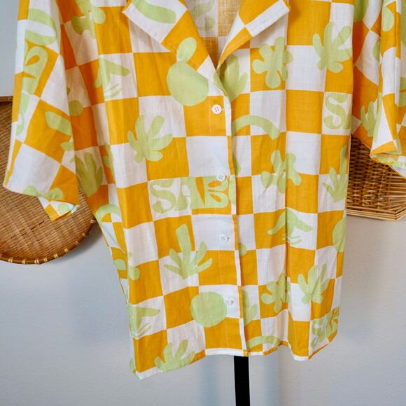 Sabo Short Sleeve Button Up Checkboard Seona Top Yellow Womens Size 4 - Picture 3 of 6